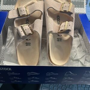 Birkenstock Light Tan Sandals with Gold Buckles